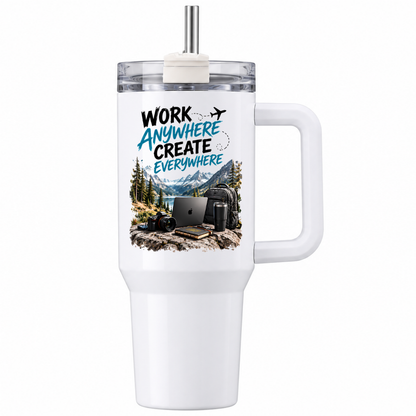 Digital Nomad Travel Tumbler "Work anywhere create everywhere" Graphic 40oz Stainless Steel Insulated Travel Mug with Handle & Straw – Mountain Lake Remote Workspace, Laptop, Camera & Backpack Gift for Travelers | Fast Dispatch by UK Seller (T3056)