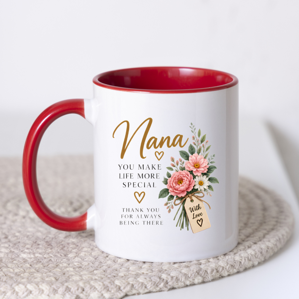 Family Mug "Nana YOU MAKE LIFE MORE SPECIAL" Floral 325ml Ceramic Coffee Mug Sweet Grandma Tea Cup with Pink Peonies Bouquet & Gift Tag Graphic Gift | Available in Multicolours | Fast Dispatch by UK Seller (M3019)
