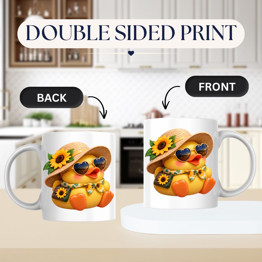 Cute Duck Mug "Summer Sunflower Duckling" Summer Sunflower Duckling 325ml Ceramic Coffee Mug – Adorable Yellow Duck in Straw Hat, Heart Sunglasses Sunflower Bag Summer Gift | Available in Multicolours | Fast Dispatch by UK Seller (M3290)