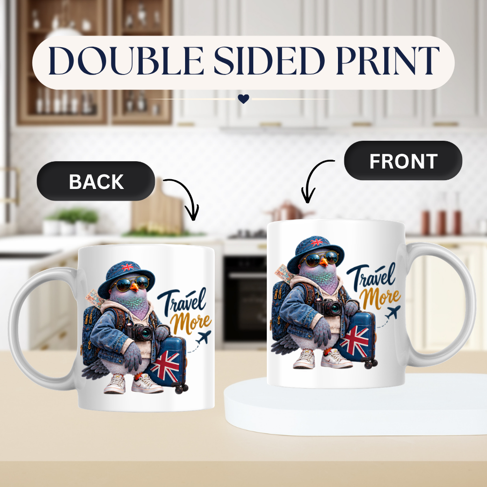 Travel Mug "Travel More Cool Pigeon" 325ml Ceramic Coffee Mug – Cool Traveller Pigeon with Camera, Bucket Hat, Denim Jacket & Union Jack Suitcase Gift For Photographers Globe Trotters | Available in Multicolours | Fast Dispatch by UK Seller (M3241)