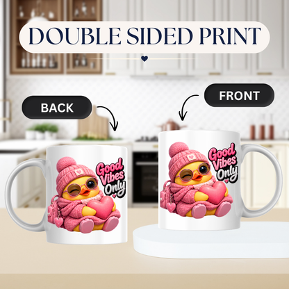Inspirational Mug "Good Vibes Only Pink Duck" 325ml Ceramic Coffee Mug – Cute Winking Yellow Duck in Pink Beanie, Sweater, Glasses Backpack Hugging Pink Heart Cute Gift For Friends Family | Available in Multicolours | Fast Dispatch by UK Seller (M3253)