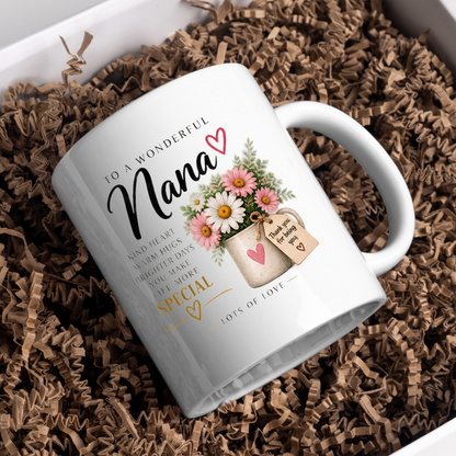 Family Mug "TO A WONDERFUL Nana KIND HEART WARM HUGS" Floral 325ml Ceramic Coffee Mug Sweet Grandma Tea Cup with Pink & White Daisies Flower Pot Graphic Gift | Available in Multicolours | Fast Dispatch by UK Seller (M3013)