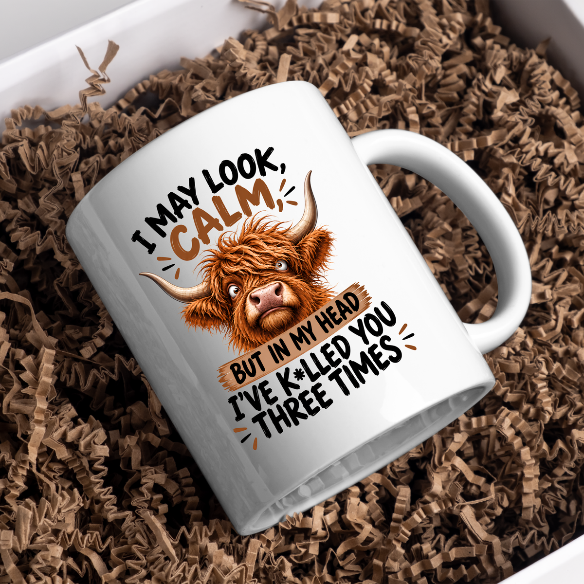 Funny Mug "I May Look Calm" Highland Cow Ceramic Coffee Mug Sarcastic Work & Office Novelty Cup 350ml | Fast Dispatch by UK Seller (M1059)