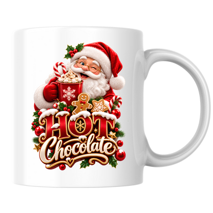 Christmas Mug "Hot Chocolate" Santa Claus Hot Chocolate 325ml Ceramic Coffee Mug – Jolly Winking Santa Holding Cocoa with Gingerbread Man, Candy Cane & Gold Typography | Festive Holiday Gift | Fast Dispatch by UK Seller (M3361)