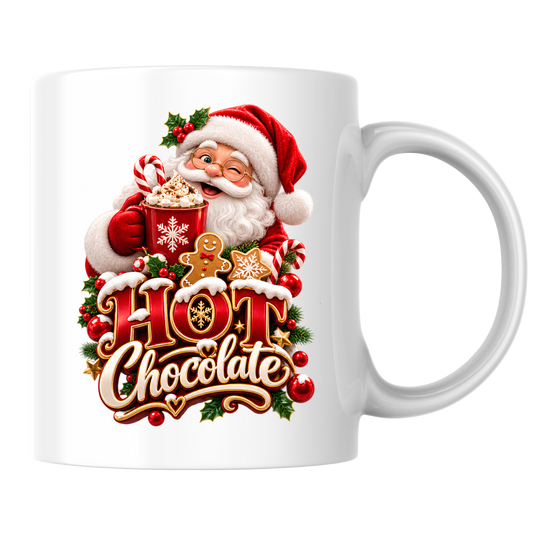 Christmas Mug "Hot Chocolate" Santa Claus Hot Chocolate 325ml Ceramic Coffee Mug – Jolly Winking Santa Holding Cocoa with Gingerbread Man, Candy Cane & Gold Typography | Festive Holiday Gift | Fast Dispatch by UK Seller (M3361)
