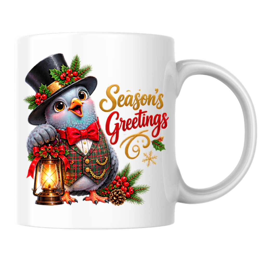 Holiday Mug "Season's Greetings Gentleman Bird" 325ml Ceramic Coffee Mug – Dapper Victorian Christmas Bird in Top Hat & Plaid Vest Holding Vintage Lantern Festive Holiday Gift | Available in Multicolours | Fast Dispatch by UK Seller (M3267)