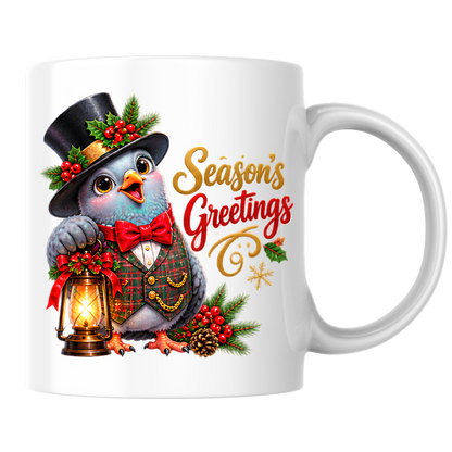 Holiday Mug "Season's Greetings Gentleman Bird" 325ml Ceramic Coffee Mug – Dapper Victorian Christmas Bird in Top Hat & Plaid Vest Holding Vintage Lantern Festive Holiday Gift | Available in Multicolours | Fast Dispatch by UK Seller (M3267)