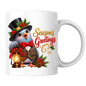 Holiday Mug "Season's Greetings Gentleman Bird" 325ml Ceramic Coffee Mug – Dapper Victorian Christmas Bird in Top Hat & Plaid Vest Holding Vintage Lantern Festive Holiday Gift | Available in Multicolours | Fast Dispatch by UK Seller (M3267)