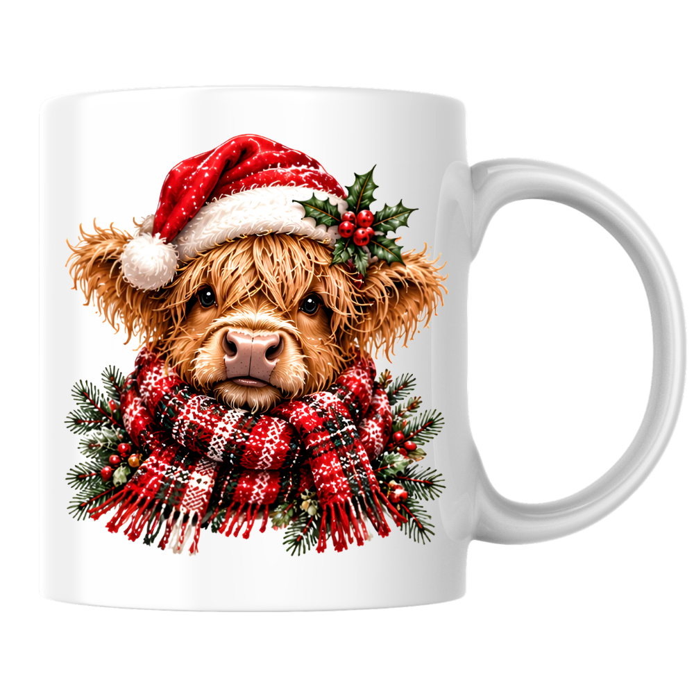 Christmas Santa Hat Highland Cow Mug Cute Christmas Highland Cow in Santa Hat 325ml Ceramic Coffee Mug – Fluffy Scottish Calf wearing Red Santa Hat & Cozy Scarf | Festive Winter Gift | Fast Dispatch by UK Seller (M3430)