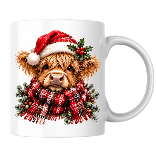 Christmas Santa Hat Highland Cow Mug Cute Christmas Highland Cow in Santa Hat 325ml Ceramic Coffee Mug – Fluffy Scottish Calf wearing Red Santa Hat & Cozy Scarf | Festive Winter Gift | Fast Dispatch by UK Seller (M3430)
