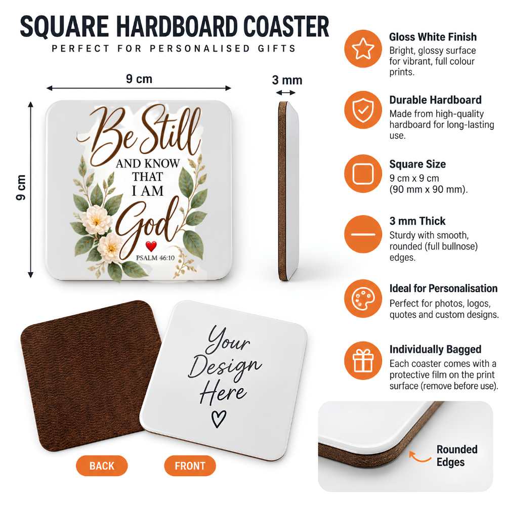 Inspirational Religious Hardboard Coaster "Be Still And Know That I Am God" Graphic 9cm x 9cm Square Drinks Coaster “Botanical Green Leaves with Cream Floral Blossoms Novelty Mat | Christian Glossy Gift | Fast Dispatch by UK Seller (C3047)