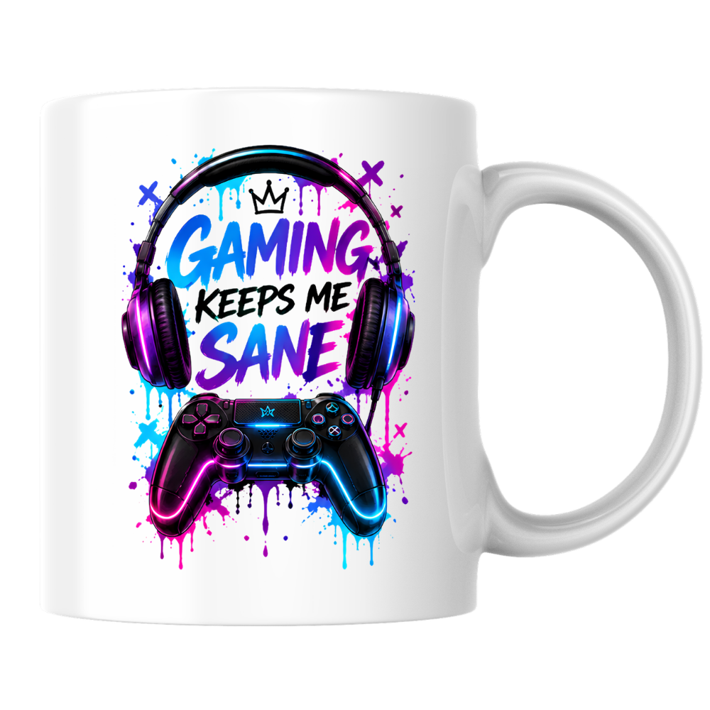 Gaming Mug "Gaming Keeps Me Sane" Gaming Keeps Me Sane 325ml Ceramic Coffee Mug – Neon Headset & Controller Mug with Blue and Pink Paint Splatter Art | Gamer Gift | Fast Dispatch by UK Seller (M3345)