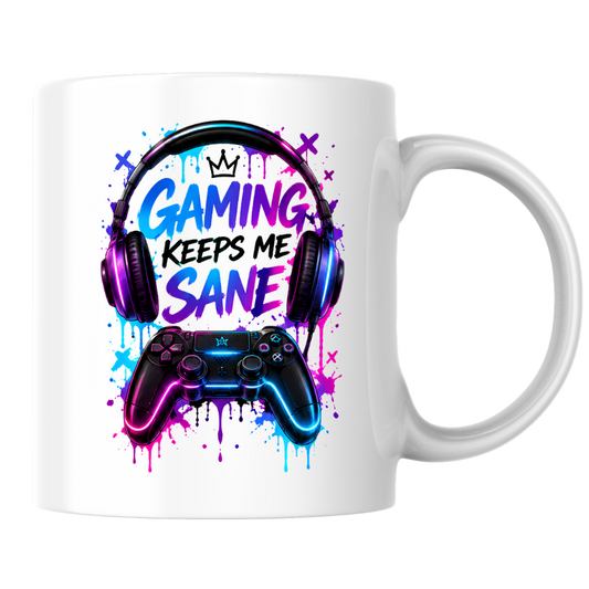 Gaming Mug "Gaming Keeps Me Sane" Gaming Keeps Me Sane 325ml Ceramic Coffee Mug – Neon Headset & Controller Mug with Blue and Pink Paint Splatter Art | Gamer Gift | Fast Dispatch by UK Seller (M3345)