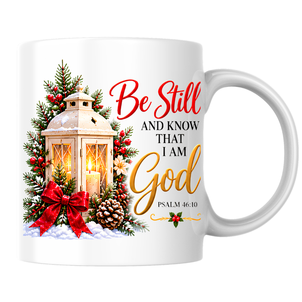 Religious Christmas Mug "Be Still And Know That I Am God" Be Still And Know That I Am God 325ml Ceramic Coffee Mug – Christian Scripture Mug with Psalm 46:10, Lantern & Pinecones | Religious Holiday Gift | Fast Dispatch by UK Seller (M3339)