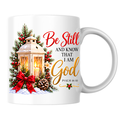 Religious Christmas Mug "Be Still And Know That I Am God" Be Still And Know That I Am God 325ml Ceramic Coffee Mug – Christian Scripture Mug with Psalm 46:10, Lantern & Pinecones | Religious Holiday Gift | Fast Dispatch by UK Seller (M3339)