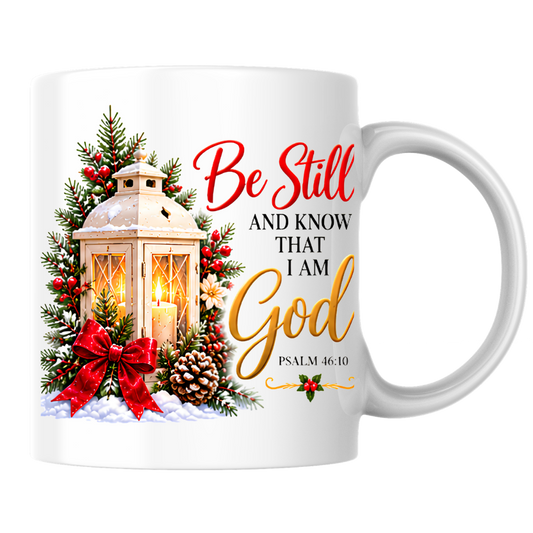 Religious Christmas Mug "Be Still And Know That I Am God" Be Still And Know That I Am God 325ml Ceramic Coffee Mug – Christian Scripture Mug with Psalm 46:10, Lantern & Pinecones | Religious Holiday Gift | Fast Dispatch by UK Seller (M3339)
