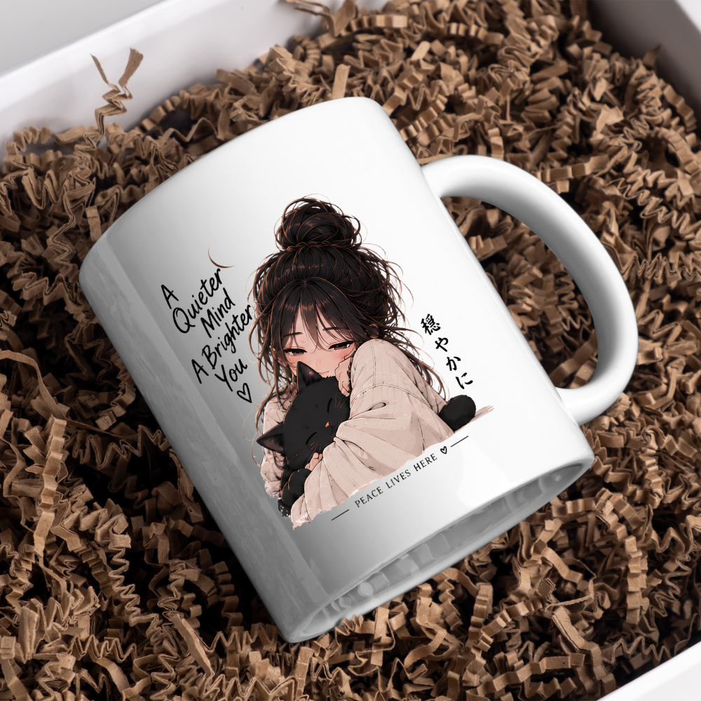 Inspirational Anime Girl & Black Cat Mug "A Quieter Mind A Brighter You" 325ml Ceramic Coffee Mug – Aesthetic Mindful Tea Cup with Japanese Kanji Graphic Gift | Available in Multicolours | Fast Dispatch by UK Seller (M3045)