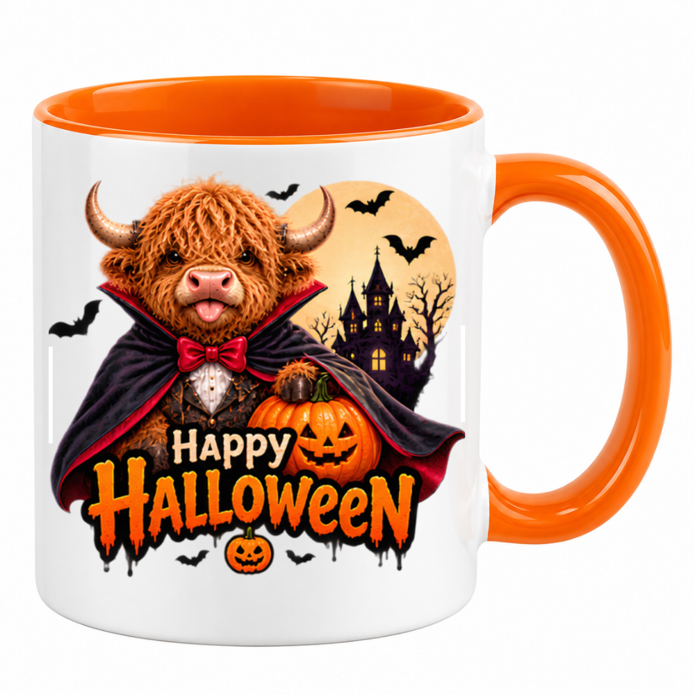 Halloween Mug "Highland Cow Vampire Happy Halloween" Highland Cow Vampire Happy Halloween 325ml Ceramic Coffee Mug – Cute Halloween Autumn Tea Cup With Vampire Cow Dracula Cape Haunted Castle Full Moon Graphic Gift | Fast Dispatch by UK Seller (M3220)