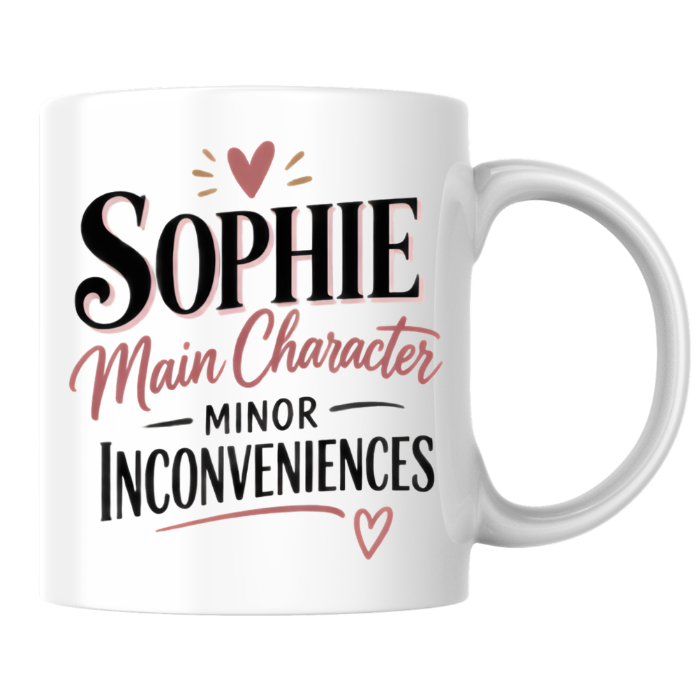 Personalized Name Mug "Sophie Main Character Minor Inconveniences" Sophie Main Character Minor Inconveniences 325ml Ceramic Coffee Mug – Custom Name Typography Slogan with Heart Accents & Script Details | Funny Gift | Fast Dispatch by UK Seller (M3450)