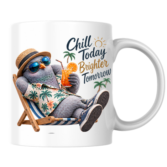 Summer Mug "Chill Today Brighter Tomorrow Cool Pigeon" 325ml Ceramic Coffee Mug – Relaxing Pigeon in Hawaiian Shirt Straw Hat Sunglasses Summer Mug Gift For Friends Vacation Lovers | Available in Multicolours | Fast Dispatch by UK Seller (M3236)