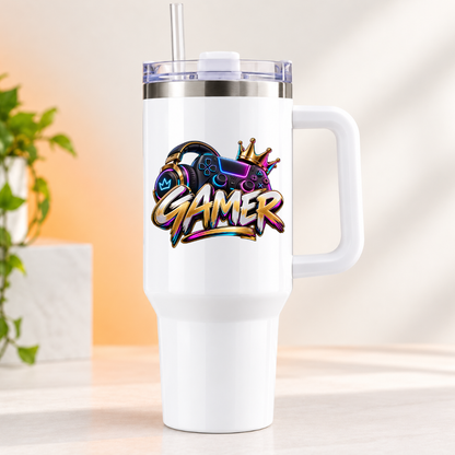 Gamer Headphones & Controller Travel Tumbler "GAMER" Graphic 40oz Stainless Steel Insulated Travel Mug with Handle & Straw – Metallic Neon Headset, Gamepad, Crown & Graffiti Style Text Novelty Travel Cup | Fast Dispatch by UK Seller (T3038)