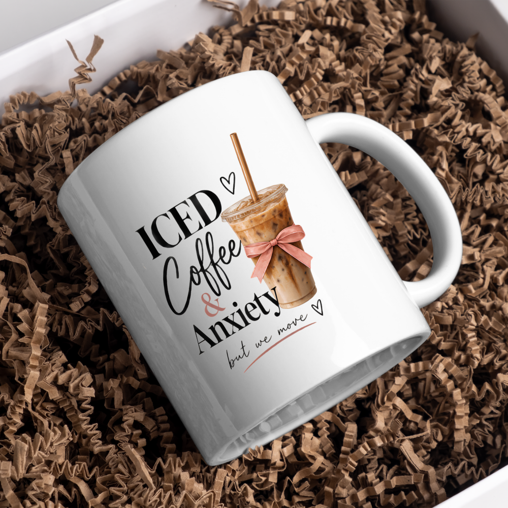 Relatable Mug "ICED Coffee & Anxiety but we move" Coquette Aesthetic 325ml Ceramic Coffee Mug Trendy Coffee Lover Tea Cup with Pink Bow & Straw Graphic Gift | Available in Multicolours | Fast Dispatch by UK Seller (M3007)