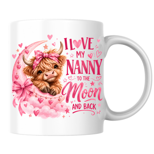 Cute Highland Cow Mug "I Love My Nanny To The Moon And Back" I Love My Nanny To The Moon And Back 325ml Ceramic Coffee Mug – Adorable Baby Highland Cow on Pink Moon with Bow & Hearts | Sentimental Nanny Gift | Fast Dispatch by UK Seller (M3457)