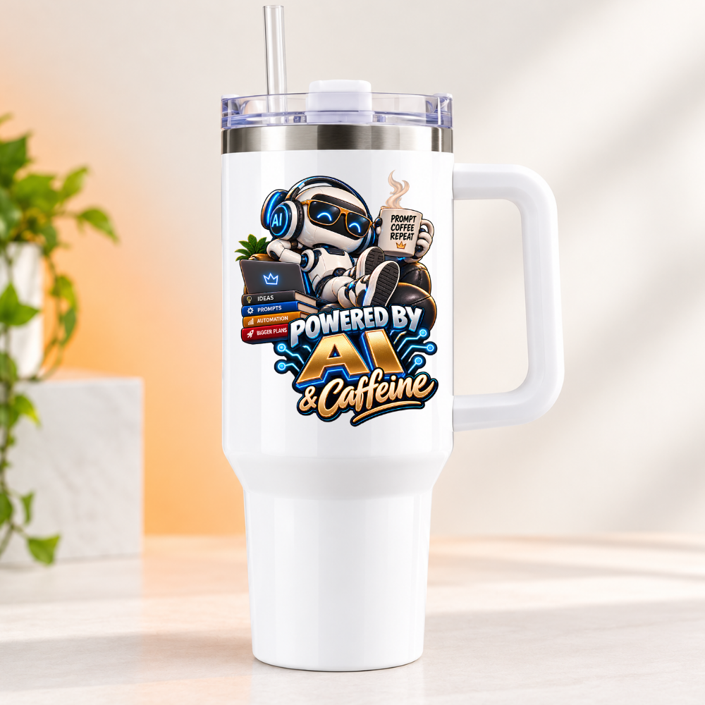 Funny Tech Travel Tumbler "POWERED BY AI & Caffeine" Graphic 40oz Stainless Steel Insulated Travel Mug with Handle & Straw – Cool Robot with Laptop, Coffee Mug & Prompts Books Novelty Gift for Coders, Techies & Office | Fast Dispatch by UK Seller (T3047)