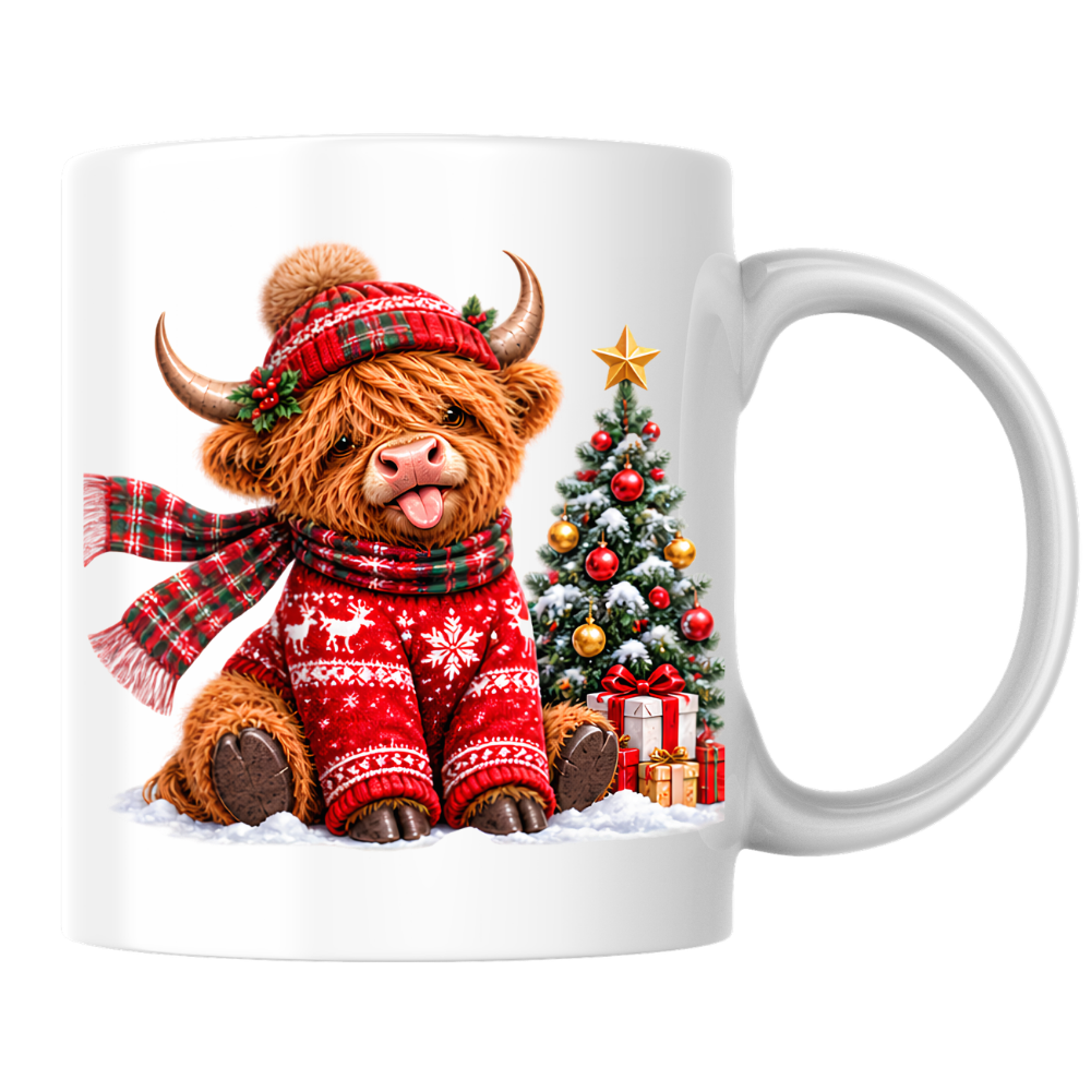 Christmas Mug "Festive Christmas Jumper Highland Cow" Christmas Jumper Highland Cow 325ml Ceramic Coffee Mug – Cute Winter Tea Cup with Christmas Tree Present Graphic Gift | Available in Multicolours | Fast Dispatch by UK Seller (M3172)