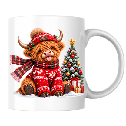 Christmas Mug "Festive Christmas Jumper Highland Cow" Christmas Jumper Highland Cow 325ml Ceramic Coffee Mug – Cute Winter Tea Cup with Christmas Tree Present Graphic Gift | Available in Multicolours | Fast Dispatch by UK Seller (M3172)