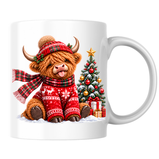 Christmas Mug "Festive Christmas Jumper Highland Cow" Christmas Jumper Highland Cow 325ml Ceramic Coffee Mug – Cute Winter Tea Cup with Christmas Tree Present Graphic Gift | Available in Multicolours | Fast Dispatch by UK Seller (M3172)