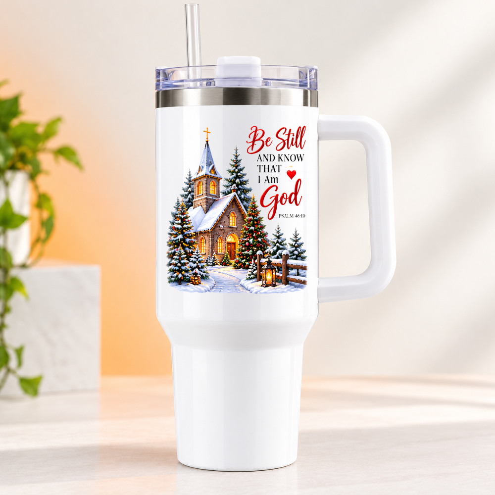 Inspirational Religious Travel Tumbler "Be Still And Know That I Am God" Graphic 40oz Stainless Steel Insulated Travel Mug with Handle & Straw – Snowy Winter Church Village with Illuminated Lantern Novelty Travel Cup | Fast Dispatch by UK Seller (T3011)