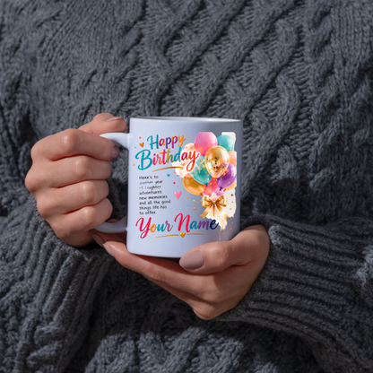 Personalised Birthday Mug "Happy Birthday" 325ml Ceramic Coffee Tea Cup – Colorful Balloons, Confetti, Custom Name & Laughter Wish Slogan Novelty Gift for Bestie, Friends, Birthday – Fast Dispatch by UK Seller (M3511)