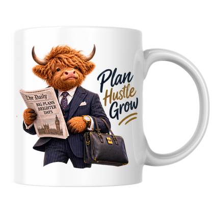 Gentleman Mug "Plan Hustle Grow Businessman Highland Cow" 325ml Ceramic Coffee Mug – Dapper Highland Cow Businessman Reading Newspaper With Leather Briefcase Office Career Gift | Available in Multicolours | Fast Dispatch by UK Seller (M3285)