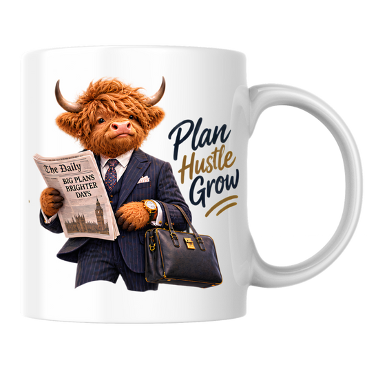 Gentleman Mug "Plan Hustle Grow Businessman Highland Cow" 325ml Ceramic Coffee Mug – Dapper Highland Cow Businessman Reading Newspaper With Leather Briefcase Office Career Gift | Available in Multicolours | Fast Dispatch by UK Seller (M3285)
