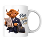 Gentleman Mug "Plan Hustle Grow Businessman Highland Cow" 325ml Ceramic Coffee Mug – Dapper Highland Cow Businessman Reading Newspaper With Leather Briefcase Office Career Gift | Available in Multicolours | Fast Dispatch by UK Seller (M3285)