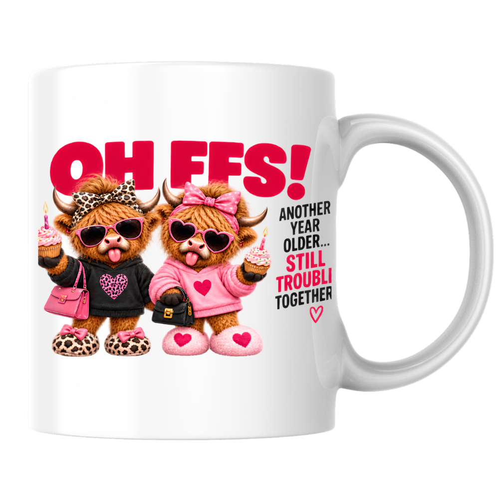 Birthday Highland Cows Mug "Oh Ffs! Another Year Older... Still Trouble Together" Oh Ffs! Another Year Older 325ml Ceramic Coffee Mug–Cute Highland Cows with Cupcakes, Handbags & Sunglasses | Funny Bestie Birthday Gift | Fast Dispatch by UK Seller (M3369)