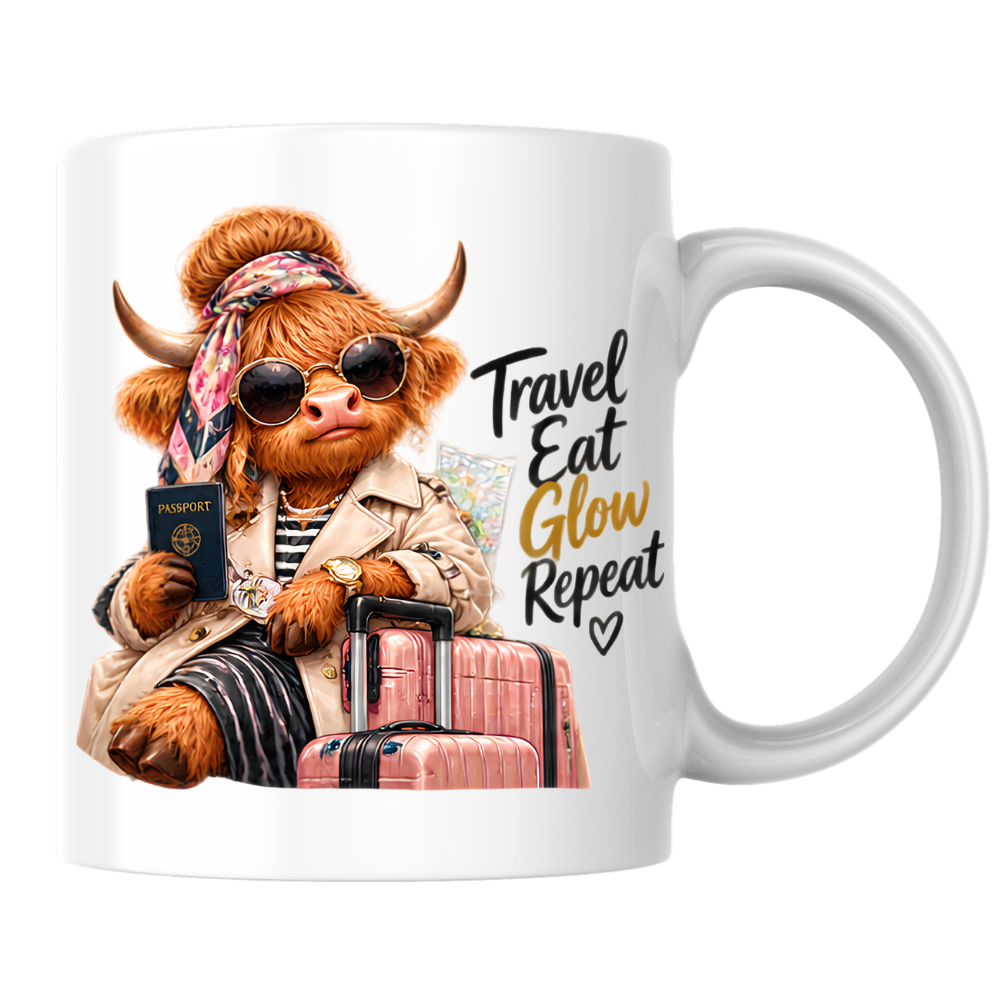 Travel Mug "Travel Eat Glow Repeat Highland Cow" Travel Eat Glow Repeat 325ml Ceramic Coffee Mug – Chic Highland Cow with Passport, Pink Suitcase Trench Coat Wanderlust Holiday Gift | Available in Multicolours | Fast Dispatch by UK Seller (M3279)