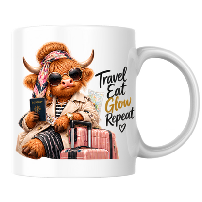 Travel Mug "Travel Eat Glow Repeat Highland Cow" Travel Eat Glow Repeat 325ml Ceramic Coffee Mug – Chic Highland Cow with Passport, Pink Suitcase Trench Coat Wanderlust Holiday Gift | Available in Multicolours | Fast Dispatch by UK Seller (M3279)