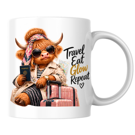 Travel Mug "Travel Eat Glow Repeat Highland Cow" Travel Eat Glow Repeat 325ml Ceramic Coffee Mug – Chic Highland Cow with Passport, Pink Suitcase Trench Coat Wanderlust Holiday Gift | Available in Multicolours | Fast Dispatch by UK Seller (M3279)