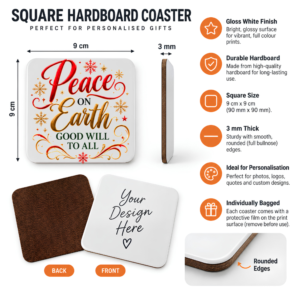 Festive Christian Christmas Coaster "Peace on Earth Good Will to All" Graphic Glossy Hardboard 9x9cm Drinks Mat – Red & Golden Script Holiday Tableware Gift | Fast Dispatch by UK Seller (C3055)