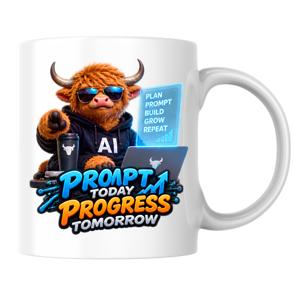 Tech Mug "Prompt Today Progress Tomorrow" 325ml Ceramic Coffee Mug – Highland Cow in Sunglasses with Laptop Coffee AI Screen Modern Tech Gift For Developers AI Prompt Engineers | Available in Multicolours | Fast Dispatch by UK Seller (M3230)
