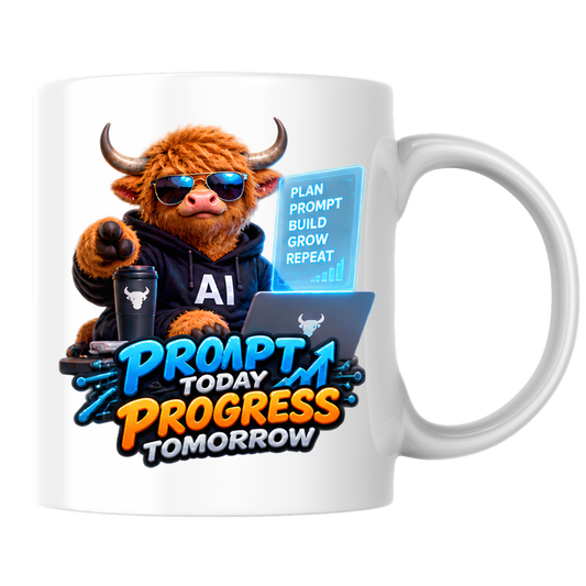 Tech Mug "Prompt Today Progress Tomorrow" 325ml Ceramic Coffee Mug – Highland Cow in Sunglasses with Laptop Coffee AI Screen Modern Tech Gift For Developers AI Prompt Engineers | Available in Multicolours | Fast Dispatch by UK Seller (M3230)