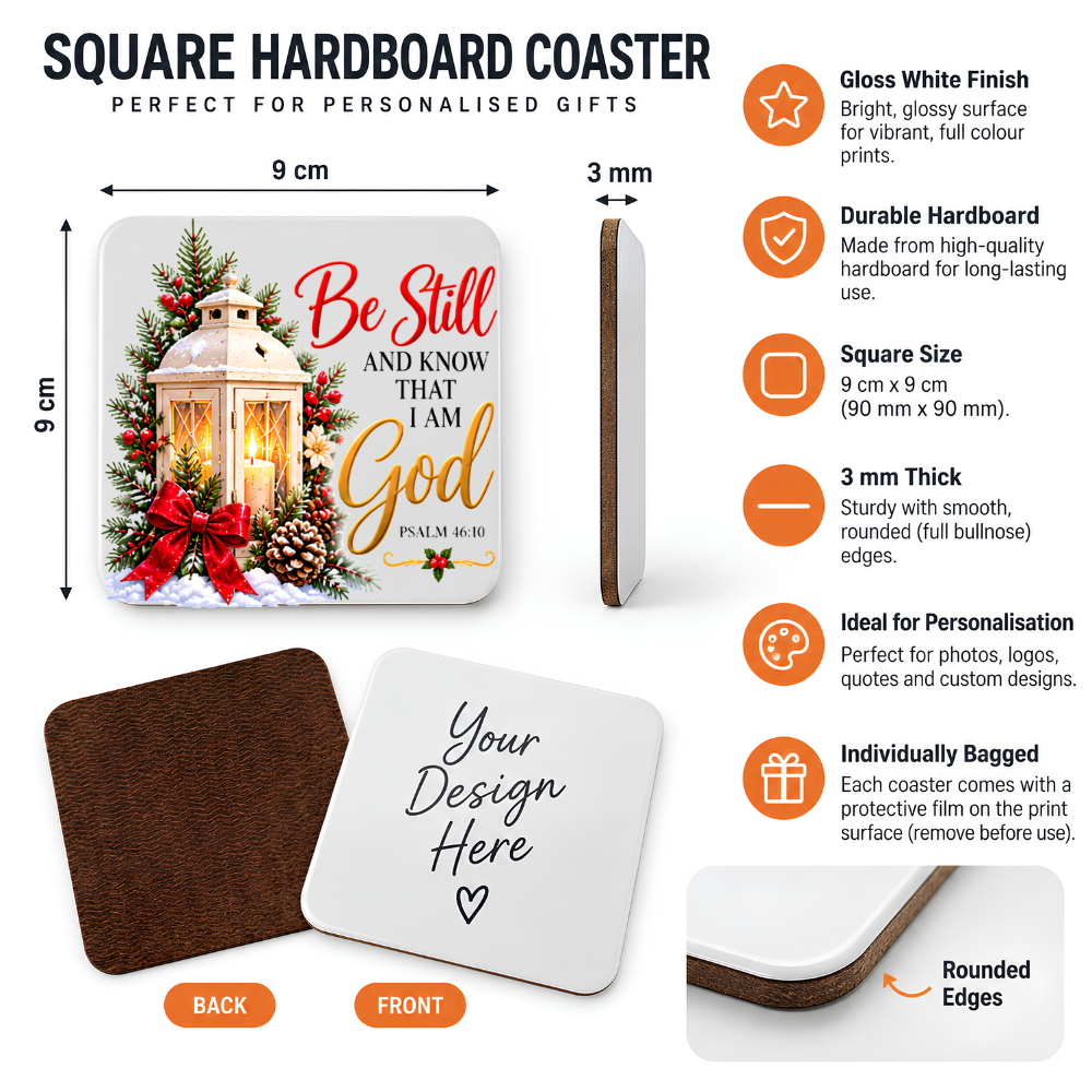Inspirational Religious Hardboard Coaster "Be Still And Know That I Am God" Graphic 9cm x 9cm Square Drinks Coaster “ White Vintage Lantern with Red Bow, Pine Branches & Pinecones Novelty Mat | Christian Glossy Gift | Fast Dispatch by UK Seller (C3035)