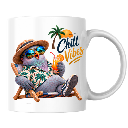 Summer Mug "Chill Vibes Cool Pigeon" 325ml Ceramic Coffee Mug – Relaxing Pigeon in Hawaiian Shirt, Straw Hat & Sunglasses on Beach Chair Funny Summer Mug Gift For Friends Vacation Lovers | Available in Multicolours | Fast Dispatch by UK Seller (M3242)