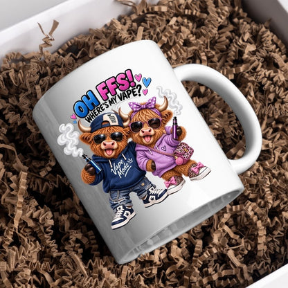 Funny Mug Highland Cow Couple "Oh FFS! Where's My V?" Coffee Mug Sarcastic Meme Animals Ceramic Tea Cup & Novelty Streetwear Gift 325ml | Available in Multicolours | Fast Dispatch by UK Seller (M1322)