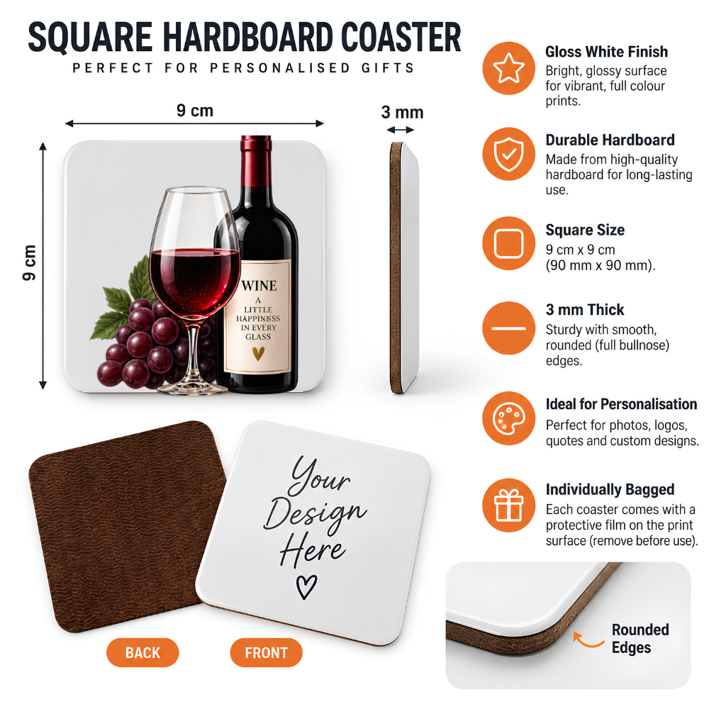 Elegant Wine Hardboard Coaster "Wine A Little Happiness in Every Glass" Graphic 9cm x 9cm Square Drinks Coaster “ Red Wine Bottle & Glass with Purple Grapes Novelty Mat | Elegant Glossy Gift for Wine Lovers | Fast Dispatch by UK Seller (C3015)