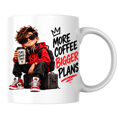 Motivational Mug "More Coffee Bigger Plans" 325ml Ceramic Coffee Tea Cup – Cool Boy Graphic, Red Hoodie, Sunglasses & Slogan Novelty Gift for Coffee Lovers, Teens, Birthday – Fast Dispatch by UK Seller (M3499)