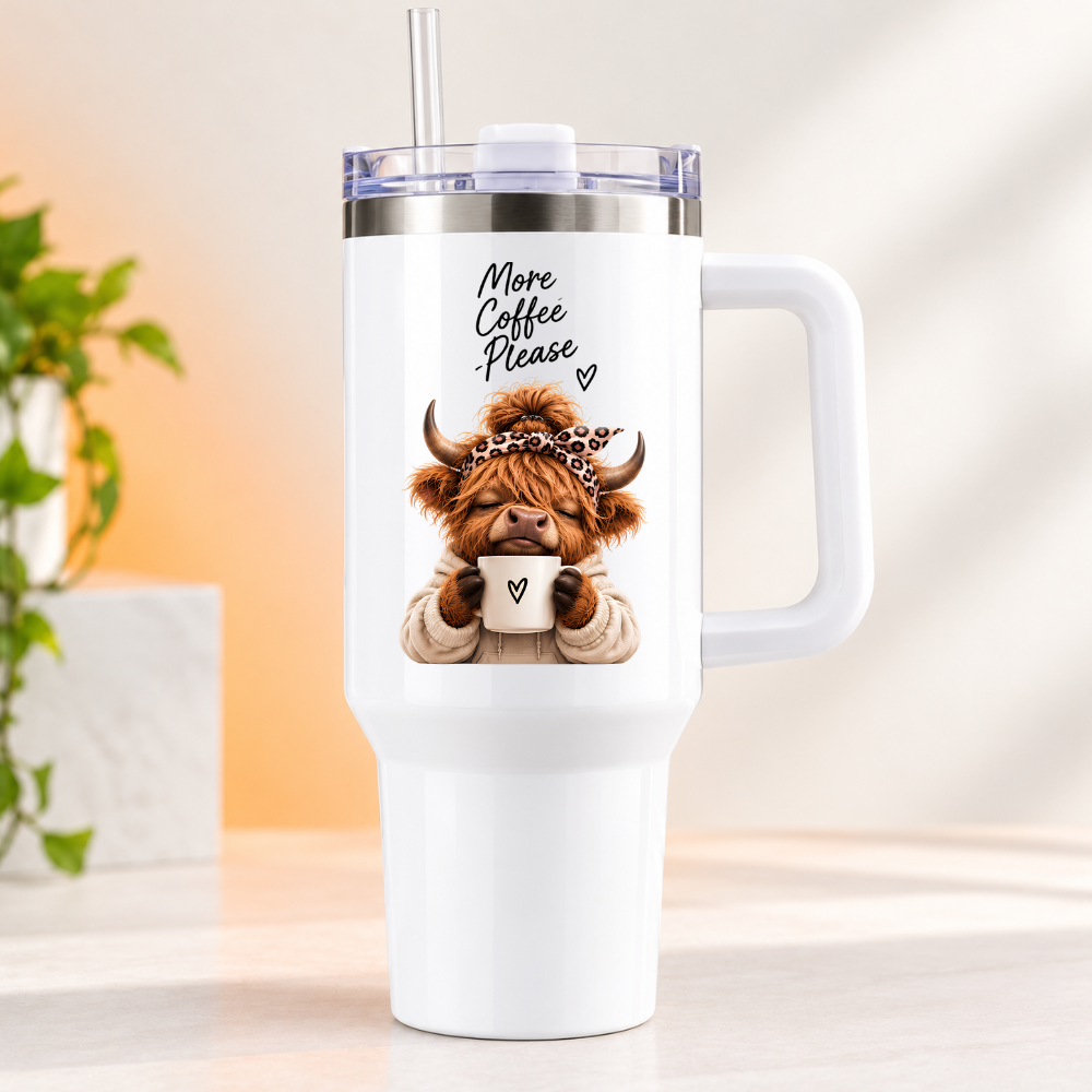 Cute Highland Cow Travel Tumbler "More Coffee Please" Graphic 40oz Stainless Steel Insulated Travel Mug with Handle & Straw – Cozy Cow in Leopard Headband & Cream Hoodie with Coffee Cup Novelty Travel Cup | Fast Dispatch by UK Seller (T3030)