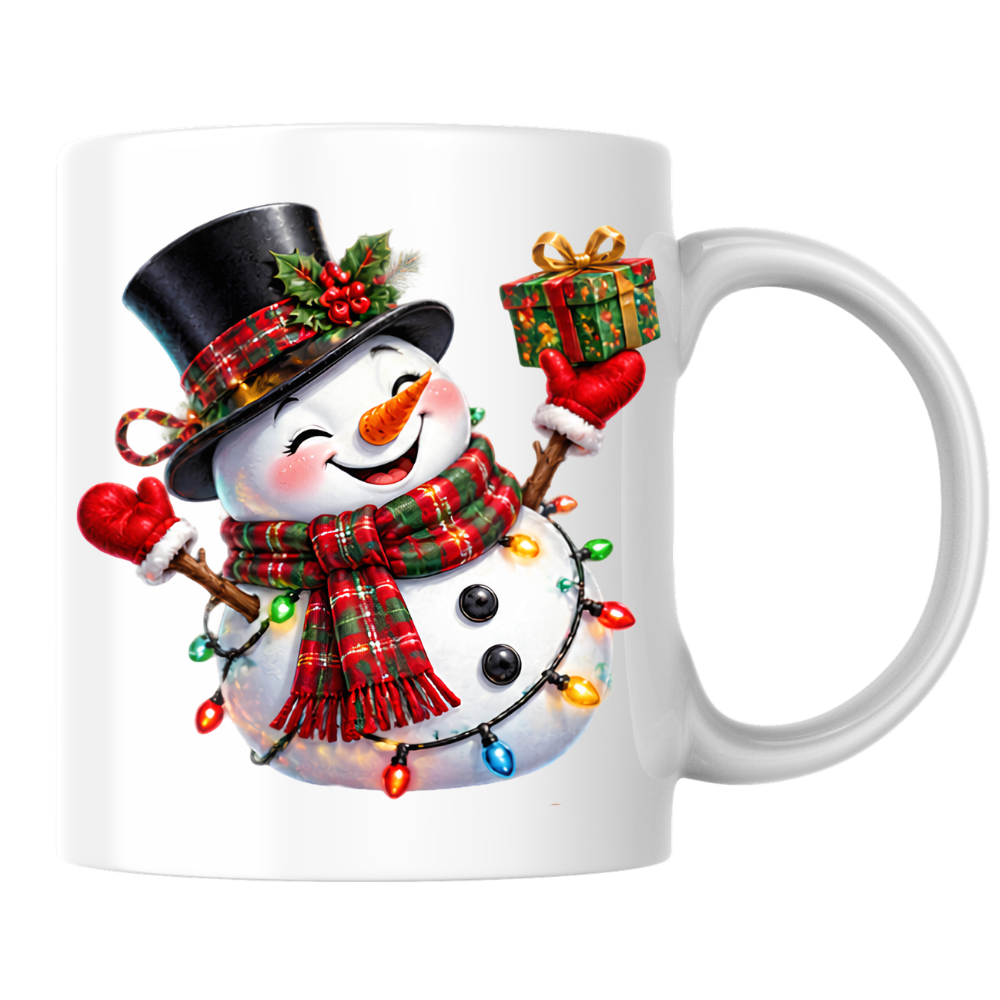 Christmas Mug "Cheerful Snowman Plaid Scarf Gift" Cheerful Snowman 325ml Ceramic Coffee Mug – Festive Christmas Tea Cup with Plaid Scarf, Top Hat Christmas Lights Gift Graphic Gift | Available in Multicolours | Fast Dispatch by UK Seller (M3184)